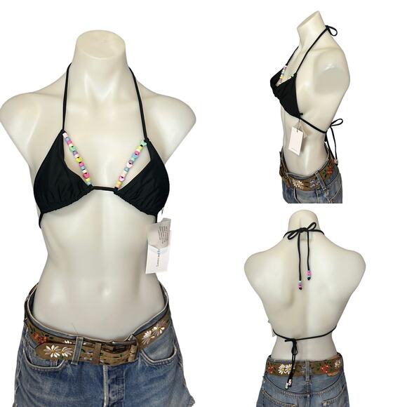 Lovers + Friends Black Beaded Triangle String Bikini Top XS Set On You $98 NEW - Picture 9 of 9